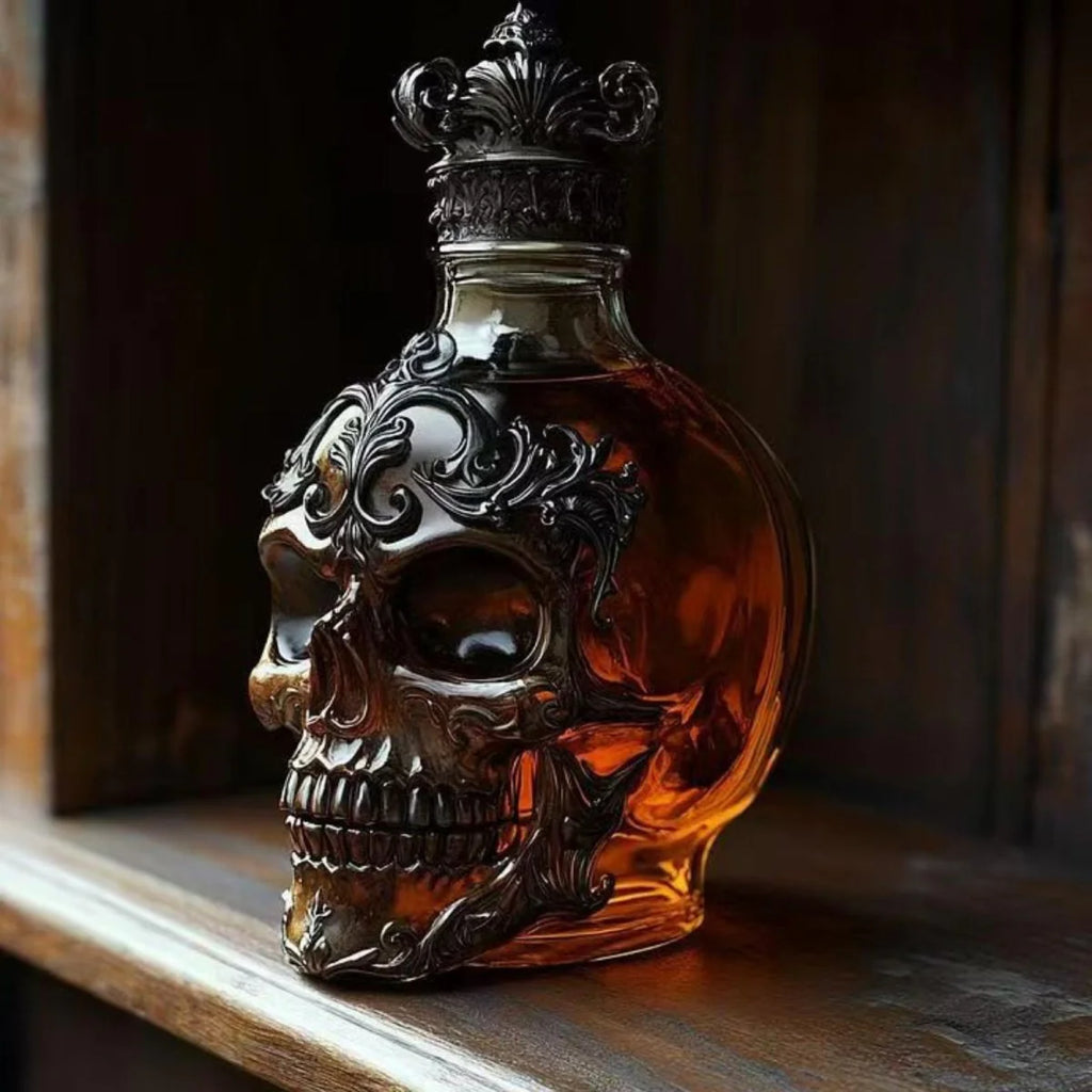 Unique skull decanter empty whiskey bottle with crown cap