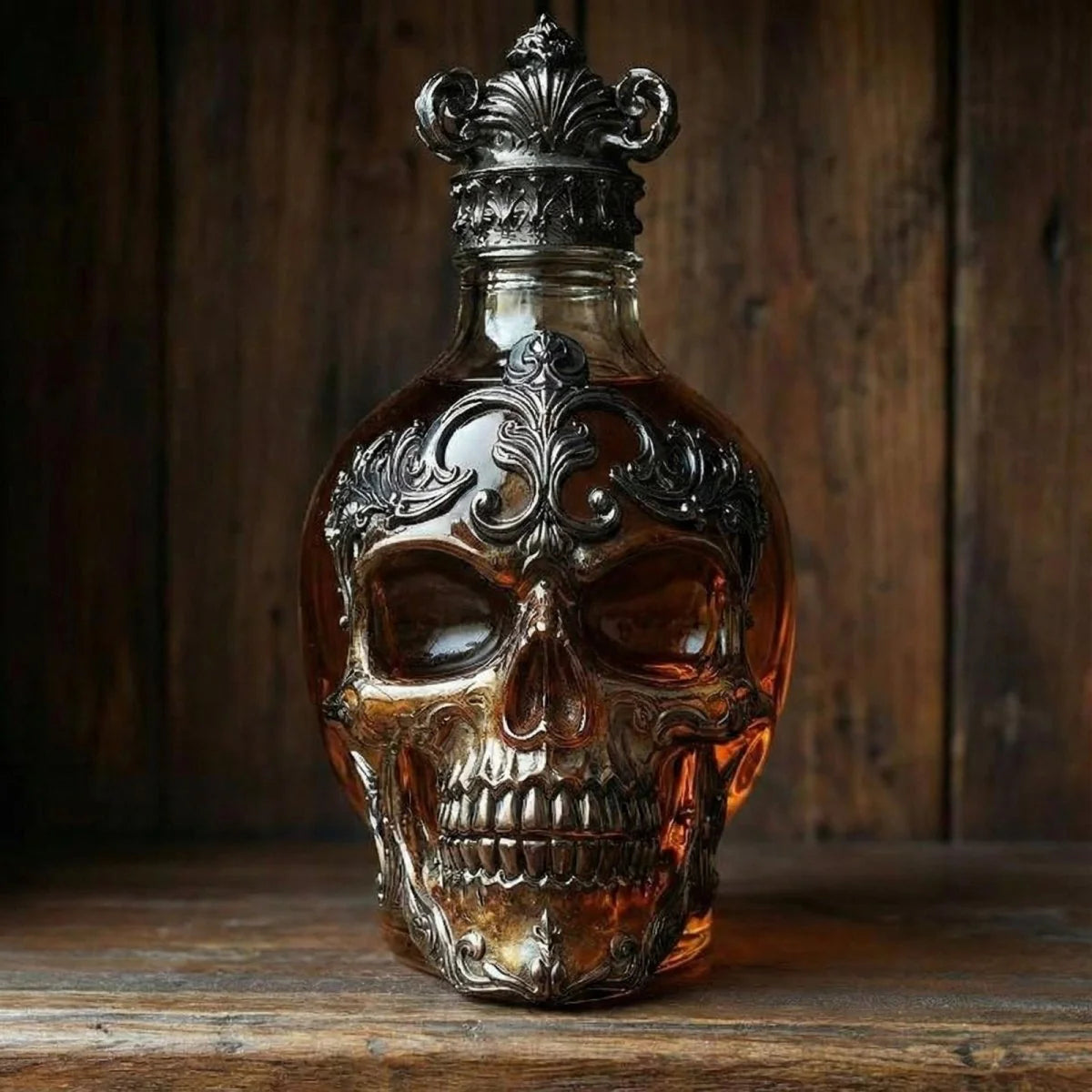 Unique skull decanter empty whiskey bottle with crown cap