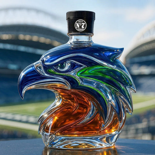 Eagle-shaped whiskey bottle with a blurred stadium background