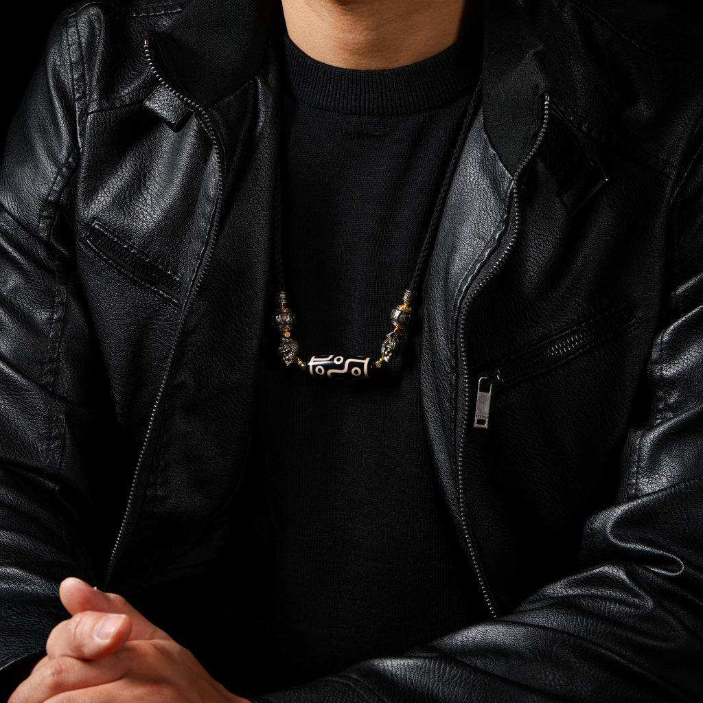 Dzi Necklace Om and Skull Charms