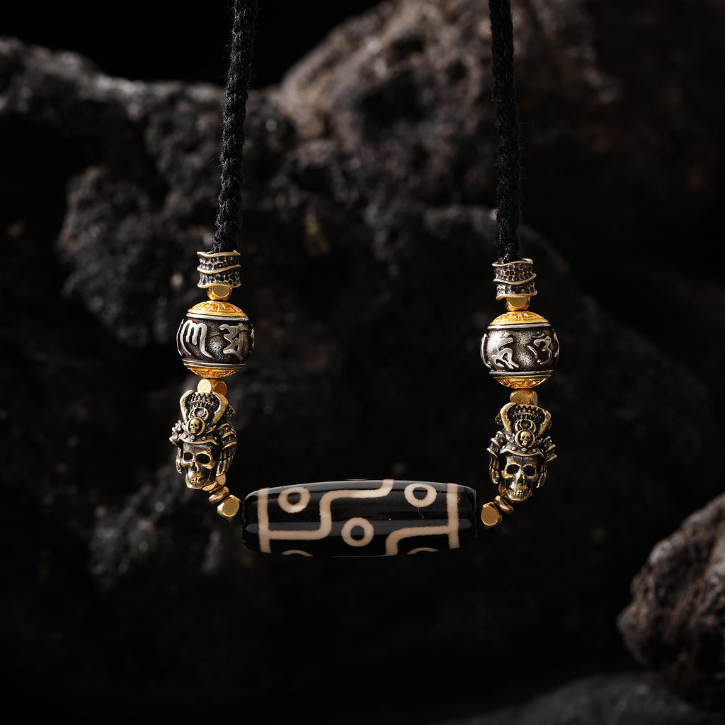 Dzi Necklace Om and Skull Charms