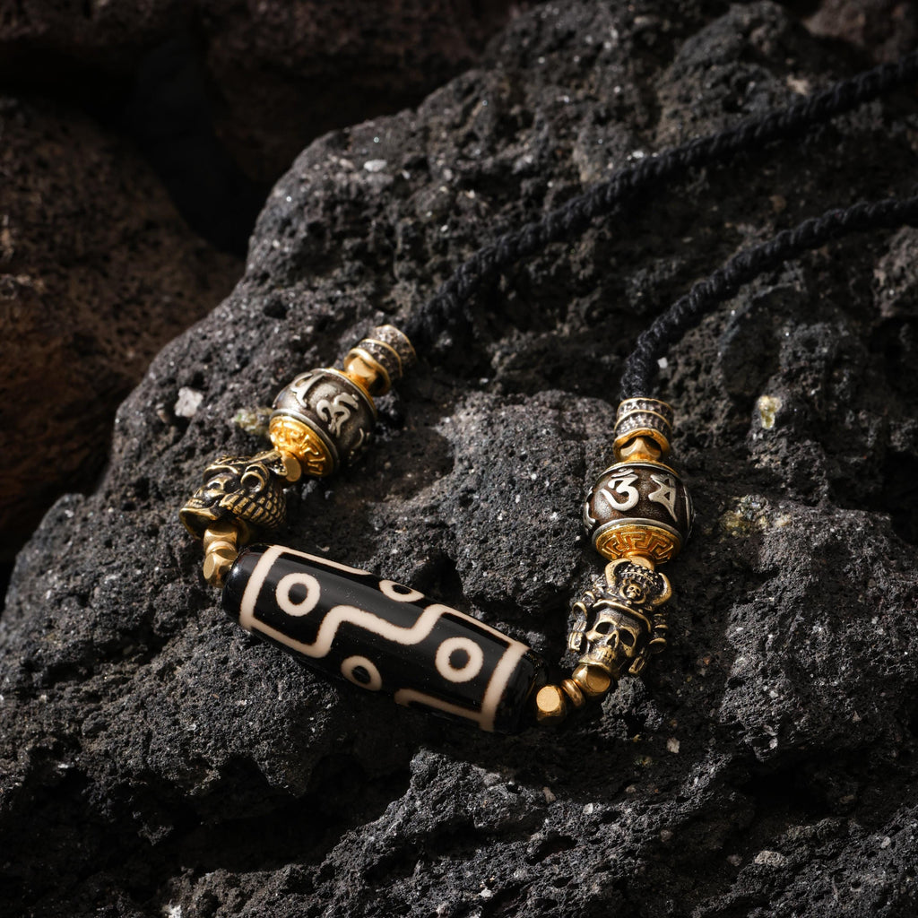 Dzi Necklace Om and Skull Charms
