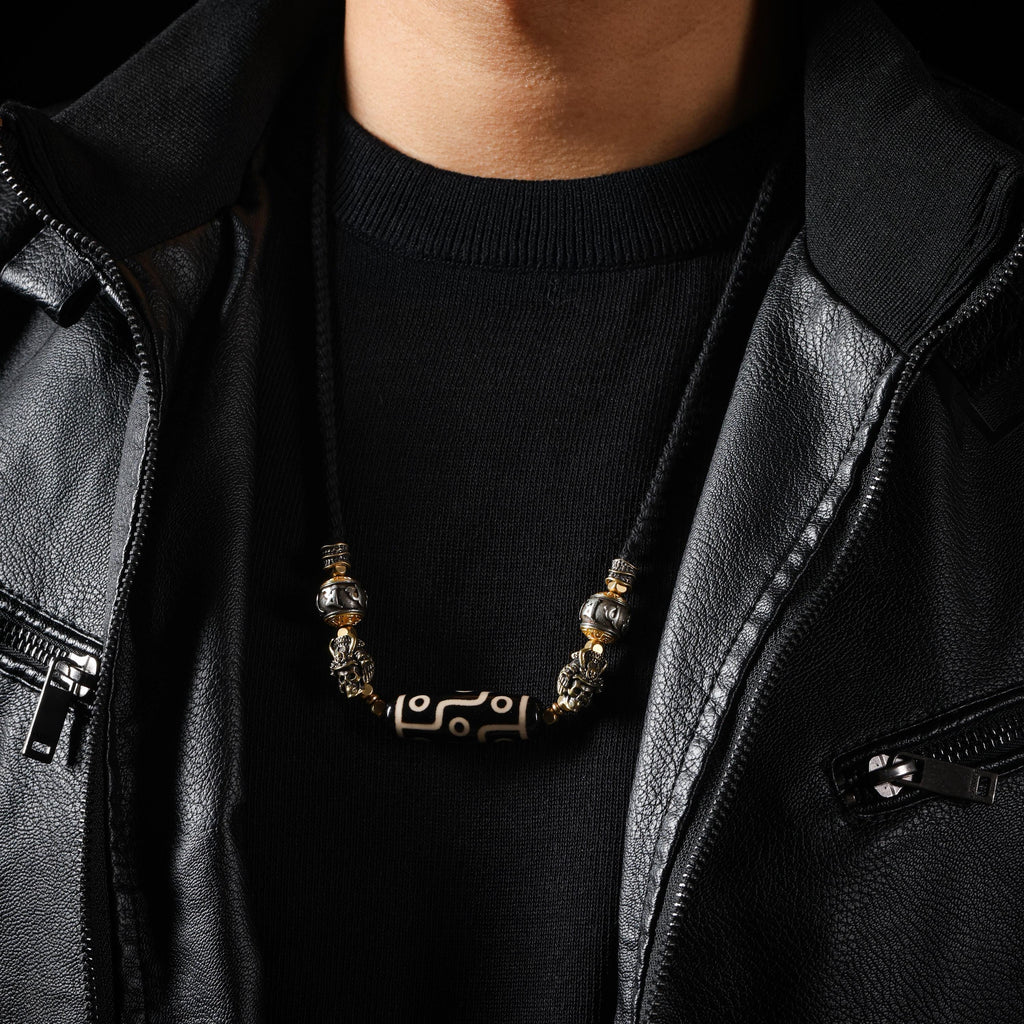 Dzi Necklace Om and Skull Charms