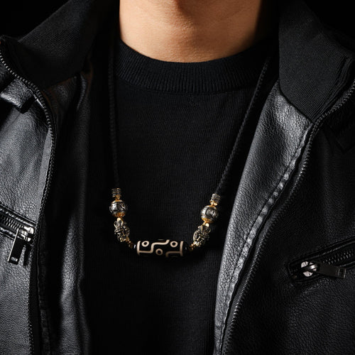 Dzi Necklace Om and Skull Charms